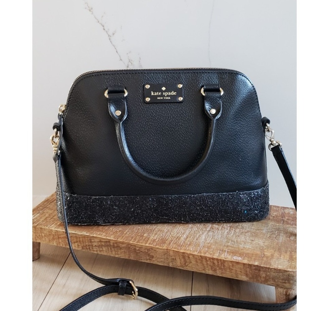 Kate Spade Satchel Bag Womens Medium Black Leather Glitter Trim Dome Handbagโ
